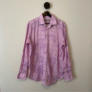 Etro Men’s Button Front Shirt Pink Plaid Floral Print Size Large Made in Italy